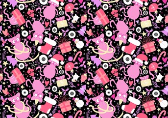 Naklejka premium Christmas animals seamless cats and gift box and tree and toys pattern for wrapping paper and fabrics