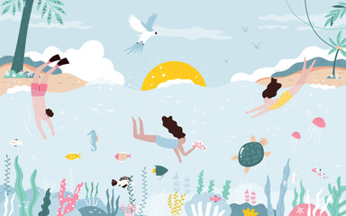 Fototapeta na wymiar Vector colorful illustration of swimming diving people exploring underwater world with tropical fishes, turtle.