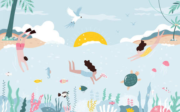 Vector colorful illustration of swimming diving people exploring underwater world with tropical fishes, turtle.