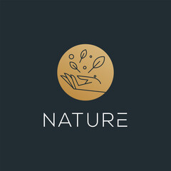 Luxury logo of women's hands in a minimal linear style. Vector emblems with hand and leaf.