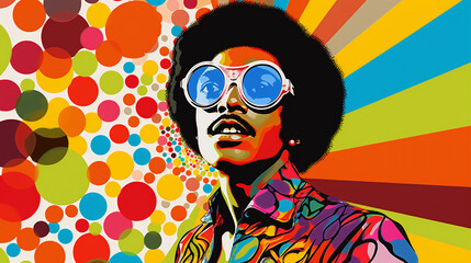 Retro Disco man 70s hairstyle. Vector pop art funky portrait man with retro sunglasses,  Created using generative AI tools