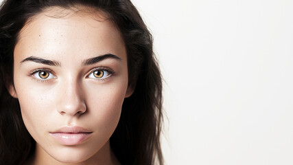 Fototapeta premium Beautiful young girl with perfect skin on a light background. Empty place. Beauty banner.. ai generation