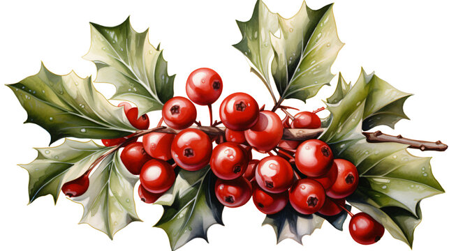 colorful christmas ilex with berries in watercolor clipart design isolated against transparent background