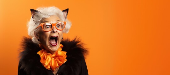 Laughing Happy Mature  Woman Wearing a Cat Costume for Halloween on an Orange Banner with Space for Copy