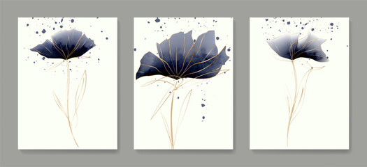 Bilder mit Rahmen Luxury art background with watercolor flowers with gold elements art line hand drawn. Botanical set for poster design, print, wallpaper, interior design, packaging, textile.