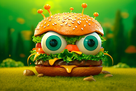 Crazy burger with eyes on summer green background. Generative AI. Burger day. Cheeseburger with beef, tomato, cheese, lettuce. Gourmet Burger concept. Funny image for cover, pizzeria, kids menu, adver
