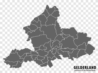 Blank map Province Gelderland of Netherlands. High quality map Gelderland with municipalities on transparent background for your web site design, logo, app, UI.  EPS10.