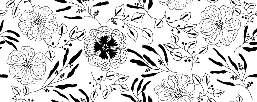 Doodle style simple black flowers peones with leaves. Pencil drawing flowers. Hand drawn vector seamless pattern. Botanical motif ornament. 