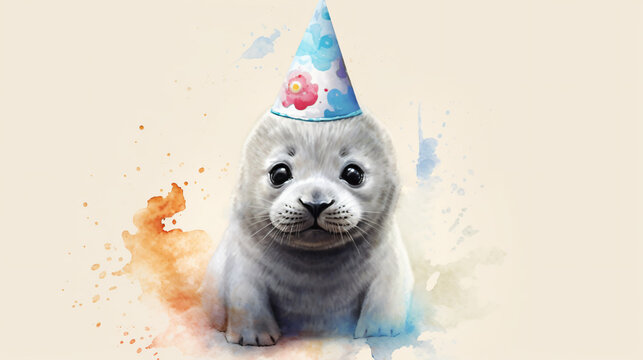 baby seal wearing party hat in watercolor vintage design
