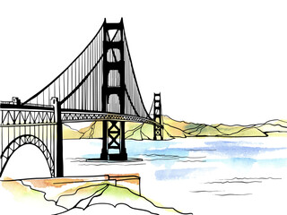 Golden Gate Bridge. San Francisco, USA. Hand drawn line sketch. Ink drawing. Black and white vector illustration on background watercolour. For postcards.	 - 628686316
