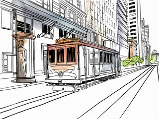 Cable Car in San Francisco. California streetcar. USA. Traditional California car. Hand drawn urban sketch. Digital illustration. Vector background watercolour. For postcards.