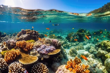 Fish swimming in coral reef under deep blue sea and amazing view of undersea.