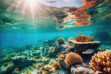 Fish swimming in coral reef under deep blue sea and amazing view of undersea.