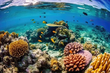 Fish swimming in coral reef under deep blue sea and amazing view of undersea.