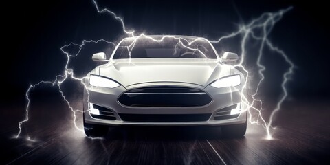 White Electric Car Covered with Electricity, a Symbol of Electric Driving and Green Energy, Speed and Passion, Surrounded by Dramatic Light, Motion Blur, Storm, and Thunder
