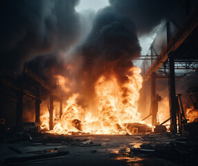Obraz premium Urban Inferno: Massive Blast Shakes the Factory, Generative AI