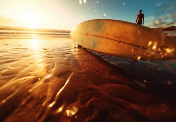 Landscape describing surfboard and beach on sunset