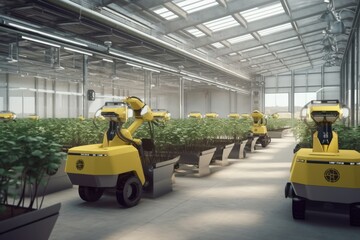 Photograph describing agricultural production using technological tools and robots.