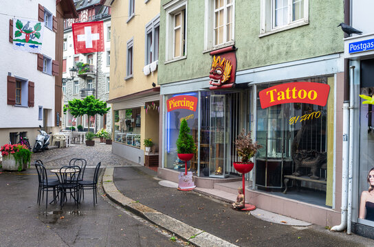 Tatoo shop in the old medieval town of Arbon in Switzerland