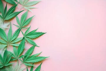 Fototapeta na wymiar Fresh cannabis leaves lay on a flat surface with copy space for text. Light pastel green and pink colors. Marijuana banner template.