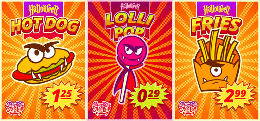 Set of monster menu with lollipop, hot dog and french fries for fast food cafe for Halloween. Vector illustration.