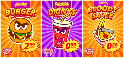 Comic poster set with burger, drink, and bloody sauce for fast food cafe in popart style. Vector illustration.