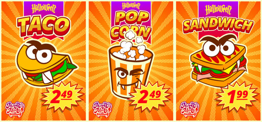 Menu monster with popcorn, sandwiches, tacos. Horizontal poster with price tag for Halloween fast food cafe. Vector illustration.
