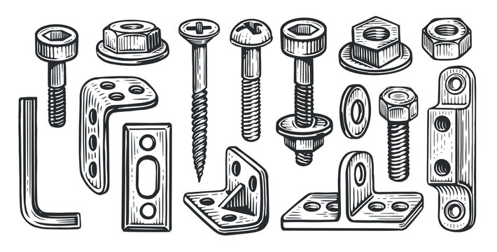 Hardware collection vector. Set of steel bolts and nuts, screw, dowel, metal anchor bolt, construction lock washer