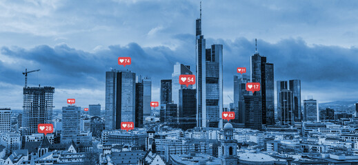 Social media and notification icons over the cities. Social network concept.