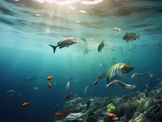 Obraz na płótnie Canvas Fish and plastic pollution. Envrionmental problem - plastics contaminate seafood