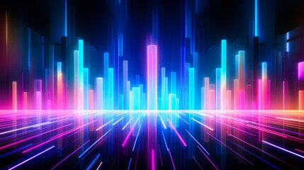 visualization illuminated by neon light. Glowing geometric shape, futuristic sci-fi shape of neon light on black background and reflective concrete with empty space for text. ai generation