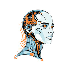 Illustration, portrait of a woman with artificial intelligence. Isolated on white. Generative AI