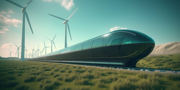  Hyperloop Train Inside Glass Tube Speeding Through Green Hill Skyline with Wind Turbines, Embracing Sustainable and Eco-Friendly Transportation Innovation