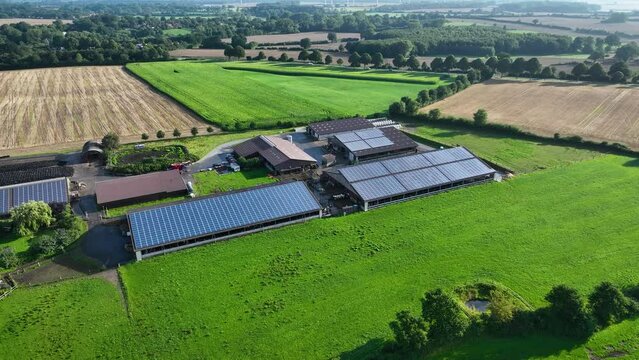 Aerial footage of modern agriculture livestock farm with  photovoltaic panels on the roofs of barn, agricultural fields with corn, biogas plant. View of livestock farm with renewable energy.
