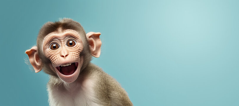 Cute monkey with happy positive smiling expression. Banner copy space on side. Generative AI