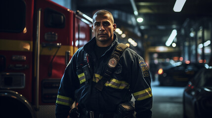 Fototapeta premium Bravery Amongst the Towers: Urban Firefighter Portrait, Generative AI