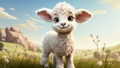 Cute cartoon of a baby sheep for illustrations for children. AI Generated