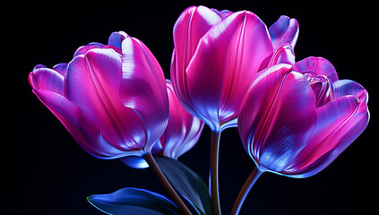 Illustration of glowing light purple transparent tulips. AI Generated