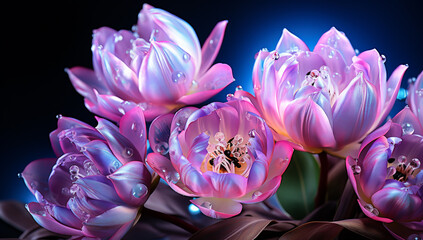 Illustration of glowing light purple transparent tulips. AI Generated