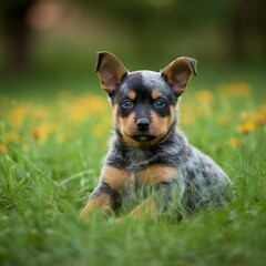 Australian Cattle Dog puppy lying on the green meadow in summer green field. Portrait of a cute Australian Cattle Dog pup lying on the grass with summer landscape in the background. AI generated