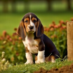Basset Hound puppy sitting on the green meadow in summer green field. Portrait of a cute Basset Hound pup sitting on the grass with summer landscape in the background. AI generated dog illustration.