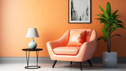 Living room with minimalist decor and a light orange sofa. AI generated