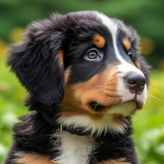 Bernese Mountain Dog puppy portrait on a sunny summer day. Closeup portrait of a cute purebred Bernese Mountain Dog pup in a field. Outdoor portrait of beautiful puppy in summer field. AI generated.