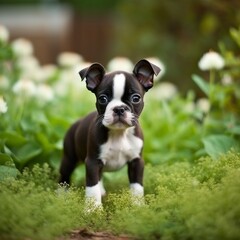 Fototapeta premium Boston Terrier puppy standing on the green meadow in summer green field. Portrait of a cute Boston Terrier pup standing on the grass with summer landscape in the background. AI generated dog.