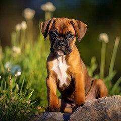 Boxer puppy sitting on the green meadow in summer green field. Portrait of a cute Boxer pup sitting on the grass with a summer landscape in the background. AI generated dog illustration.