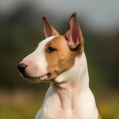 Obraz premium Profile portrait of a cute Bull Terrier puppy in the nature. Bull Terrier pup portrait on sunny summer day. Outdoor portrait of a beautiful young dog in a summer field. AI generated dog illustration.