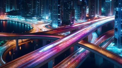 aerial city scene of highway at night - generative AI