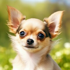 Chihuahua puppy portrait on a sunny summer day. Closeup portrait of a cute purebred Chihuahua pup in the field. Outdoor portrait of a beautiful puppy in summer field. AI generated dog illustration.