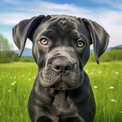 Cane Corso puppy portrait on a sunny summer day. Closeup portrait of a cute purebred Cane Corso pup in a field. Outdoor portrait of a beautiful puppy in a summer field. AI generated dog illustration.
