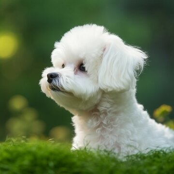 Bichon Frise puppy portrait on a sunny summer day. Closeup portrait of a cute purebred Bichon Frise pup in a field. Outdoor portrait of a beautiful puppy in a summer field. AI generated.